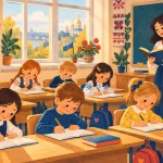 Друтокласник пише диктант за кухонним столом, мама диктує з книжки, поруч чашка чаю