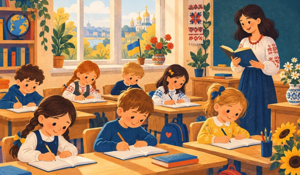 Друтокласник пише диктант за кухонним столом, мама диктує з книжки, поруч чашка чаю