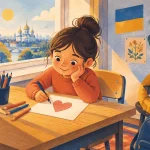 Дитина пише лист військовому за шкільним столом кольоровими олівцями