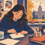 Дівчина-підліток пише мотиваційний лист за кухонним столом, поруч мама й відкритий ноутбук