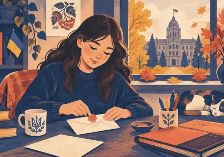 Дівчина-підліток пише мотиваційний лист за кухонним столом, поруч мама й відкритий ноутбук