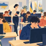 Одинадцятикласник готується до тестування за кухонним столом, поруч зошити й ноутбук