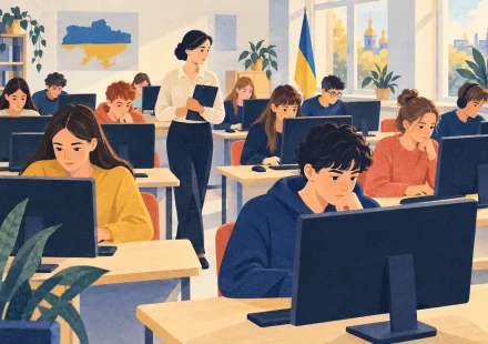 Одинадцятикласник готується до тестування за кухонним столом, поруч зошити й ноутбук