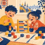 Дитина з батьком за кухонним столом вчать таблицю множення за надрукованою таблицею Піфагора