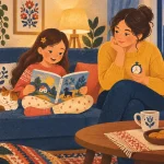 Мама слухає, як дитина читає вголос книжку за кухонним столом увечері