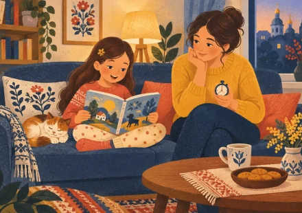 Мама слухає, як дитина читає вголос книжку за кухонним столом увечері