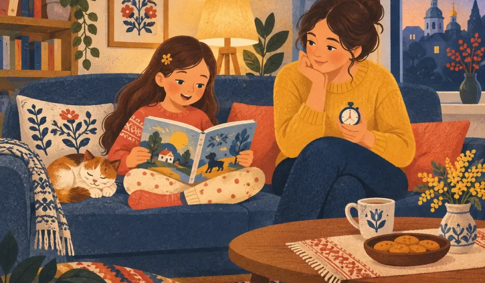 Мама слухає, як дитина читає вголос книжку за кухонним столом увечері