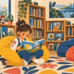 Першокласниця читає книжку з великим шрифтом за кухонним столом, мама сидить поруч і слухає