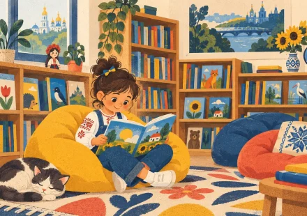 Першокласниця читає книжку з великим шрифтом за кухонним столом, мама сидить поруч і слухає