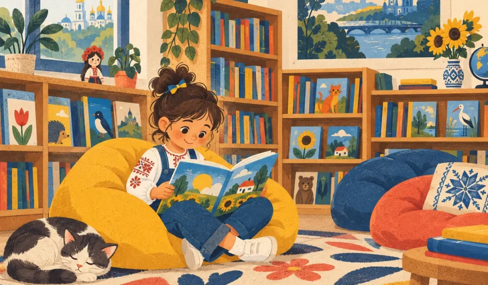 Першокласниця читає книжку з великим шрифтом за кухонним столом, мама сидить поруч і слухає