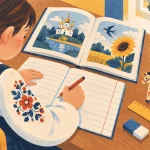 Першокласник списує текст із картки у зошит за кухонним столом, поруч рука дорослого показує на рядок.
