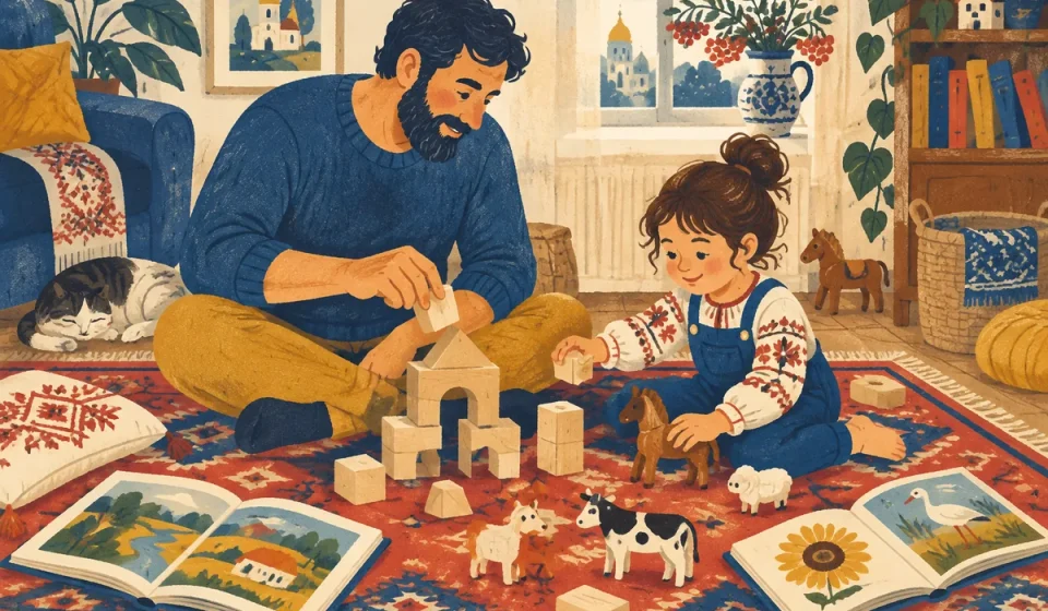 Мама й дитина сидять за кухонним столом і разом читають книжку з великими літерами