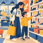 Дівчинка-підліток з татом рахують знижку на кросівки за допомогою калькулятора на кухні