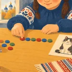 Мама з дитиною ввечері за кухонним столом викладають кольорові фішки до звукової схеми слова